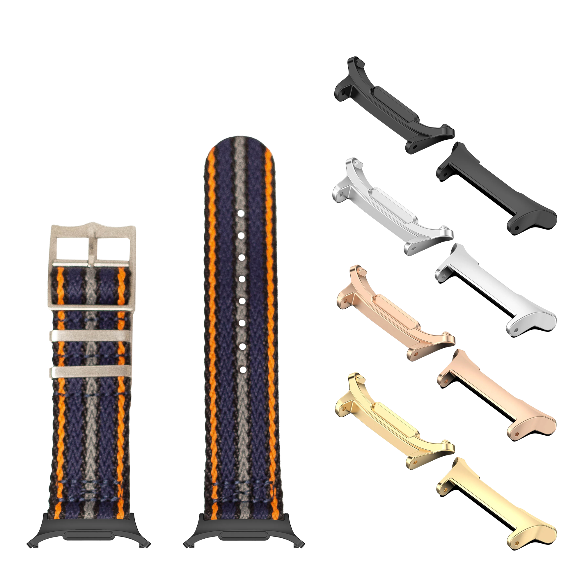 Galaxy Watch band and interchangeable lugs set with navy blue militex strap featuring orange stripes and multiple metal lug options in black, silver, rose gold and gold finishes