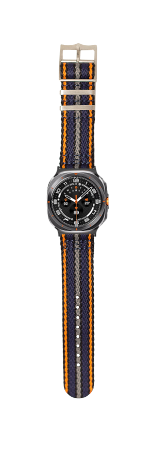 Military sports watch with black dial, orange accents, and navy blue striped fabric strap with grey buckle
