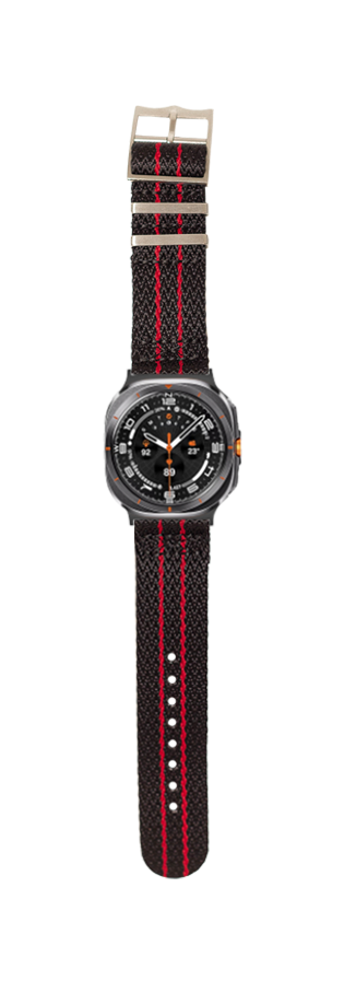 Black and red striped military watch strap with shark tooth texture and silver buckle for Galaxy Watch
