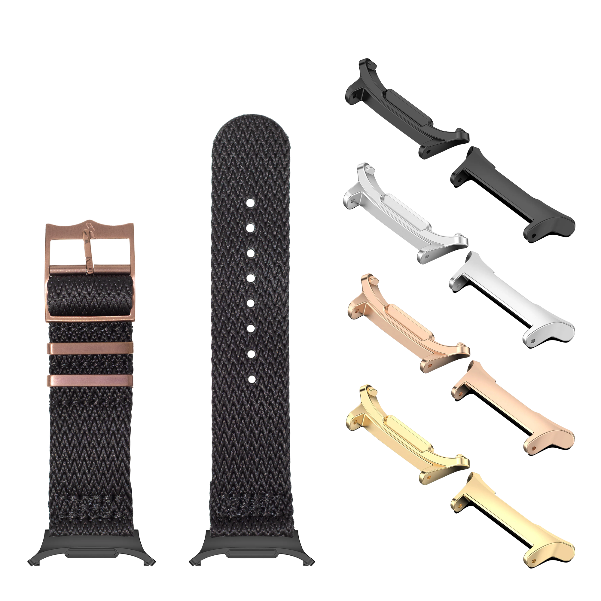 Sharktooth Militex black watch band with bronze hardware, interchangeable metal connectors in gold, rose gold, silver and black finishes