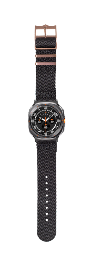 Black Militex fabric watch band with bronze hardware and buckle for Galaxy Watch 8 Ultra smartwatch