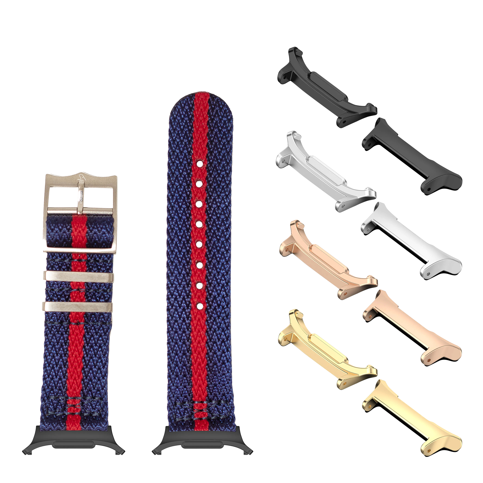 Navy and red striped Militex watch band with multiple metal hardware options in gold, silver, rose gold and black finishes