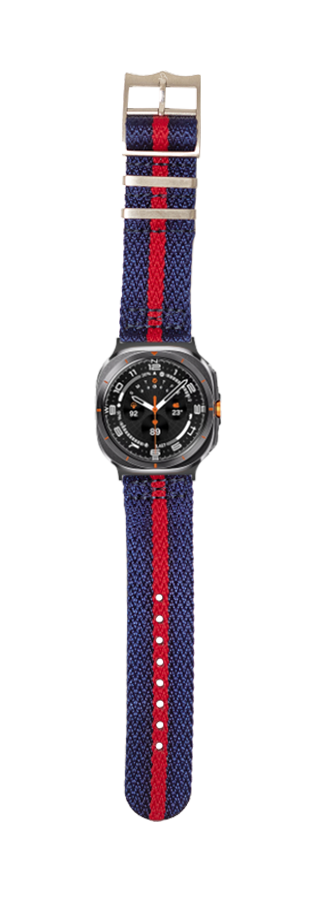 Sporty smartwatch with black dial and blue-red striped Militex fabric band featuring sharktooth pattern design