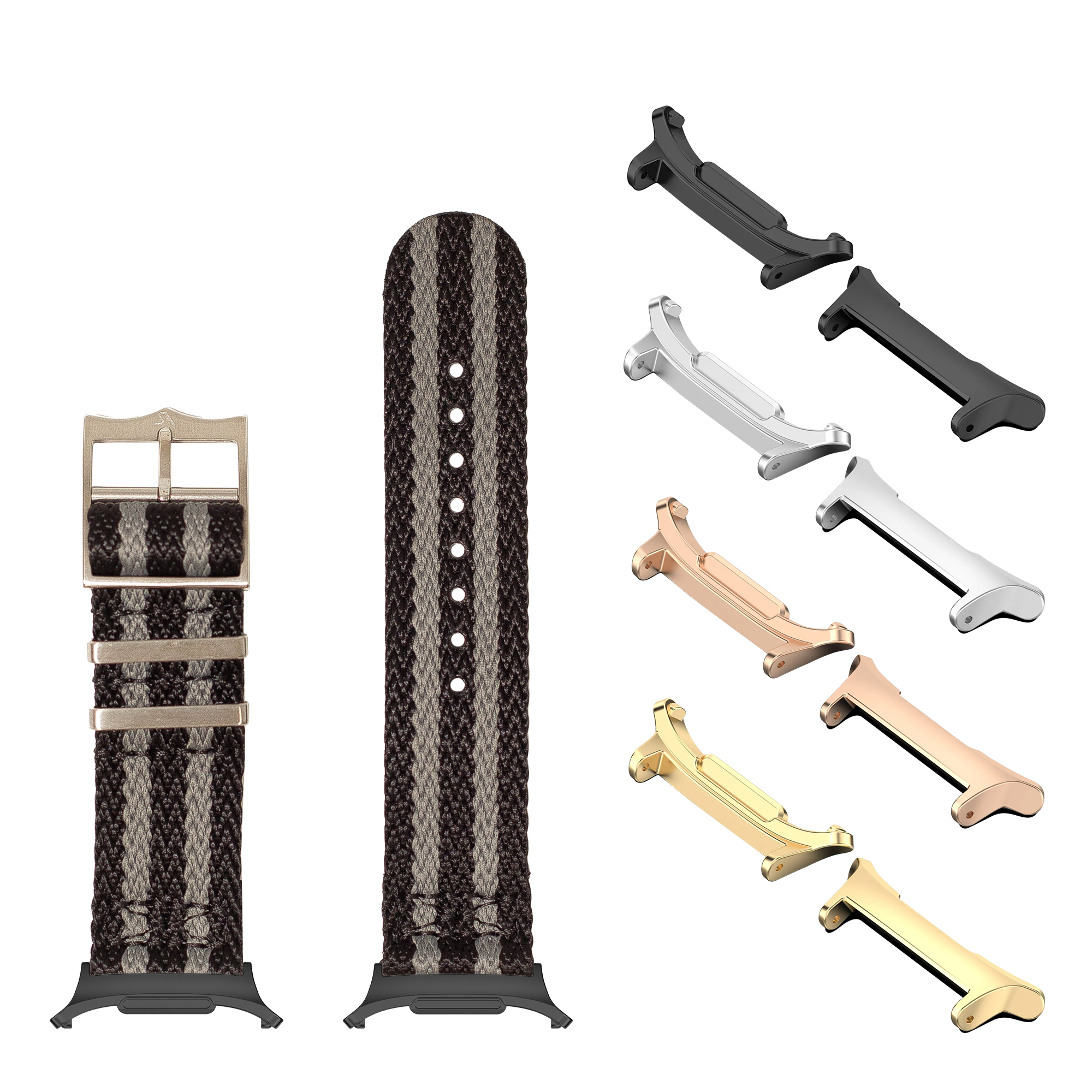 Sharktooth Militex Bond black grey watch band with multiple metal lugs in gold, rose gold, silver and black finishes