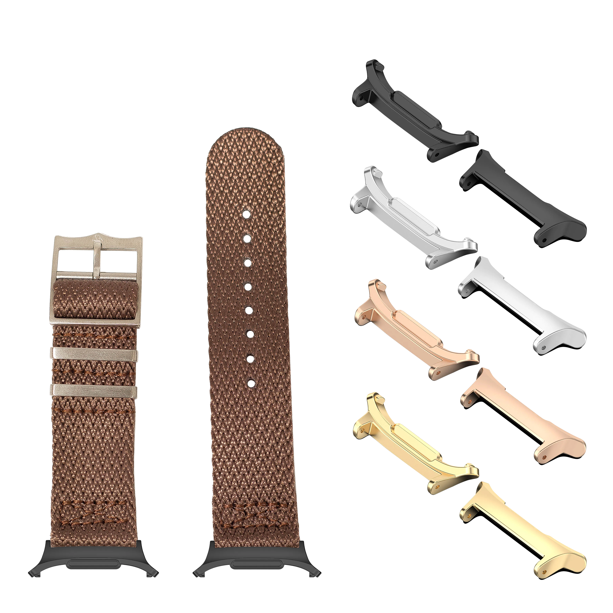 Brown fabric watch band with metal buckle and interchangeable lugs in gold, rose gold, silver and black finishes