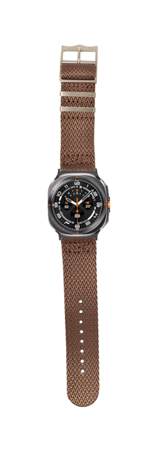 Rugged military smartwatch with black dial and orange accents on brown textile Sharktooth band
