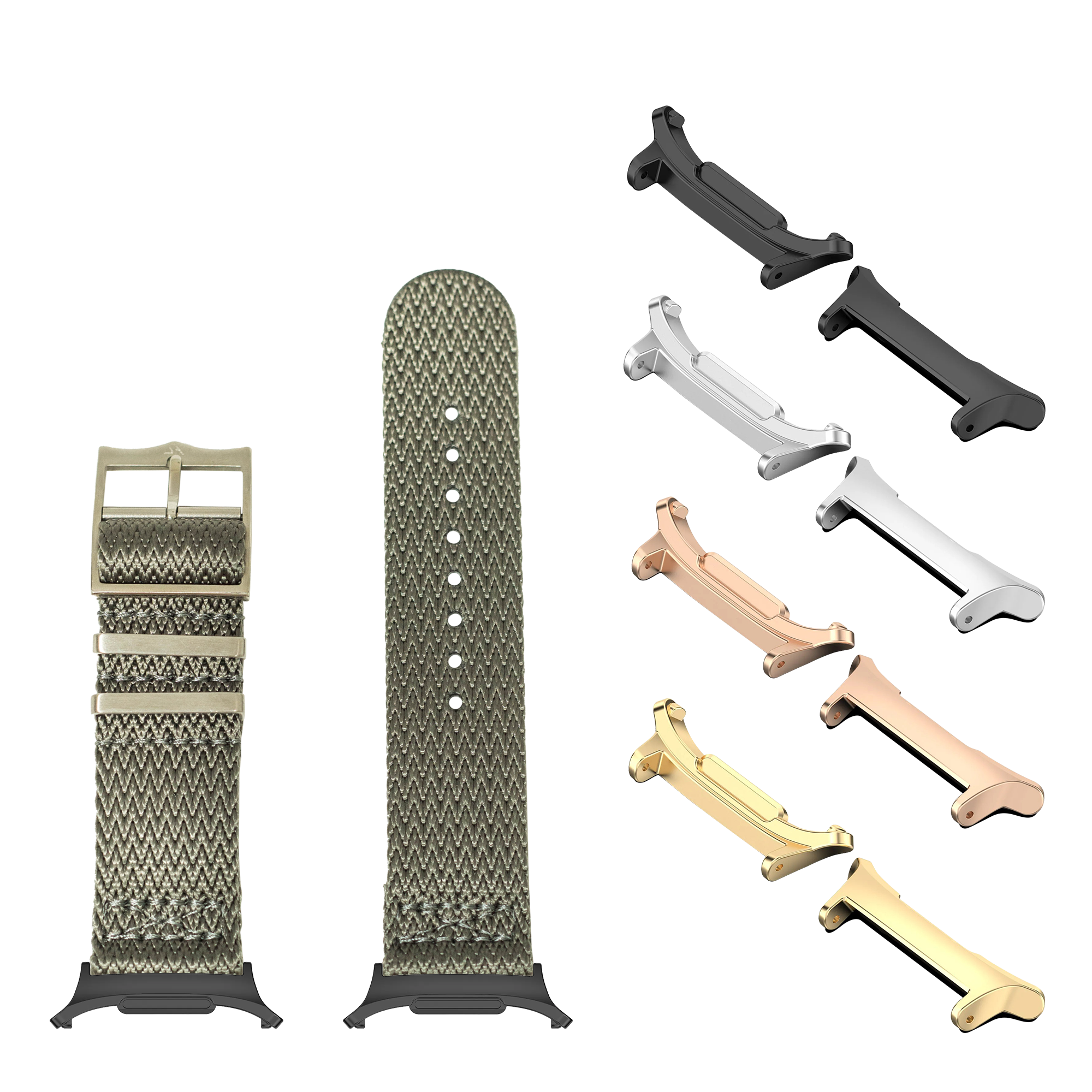 Sharktooth Militex grey mesh watch band with multiple metal connector lugs in black, silver, rose gold and gold finishes for Galaxy Watch 8 and Ultra