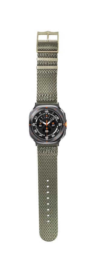 Galaxy Watch 8 Ultra with grey sharktooth militex fabric strap and black dial with orange accents