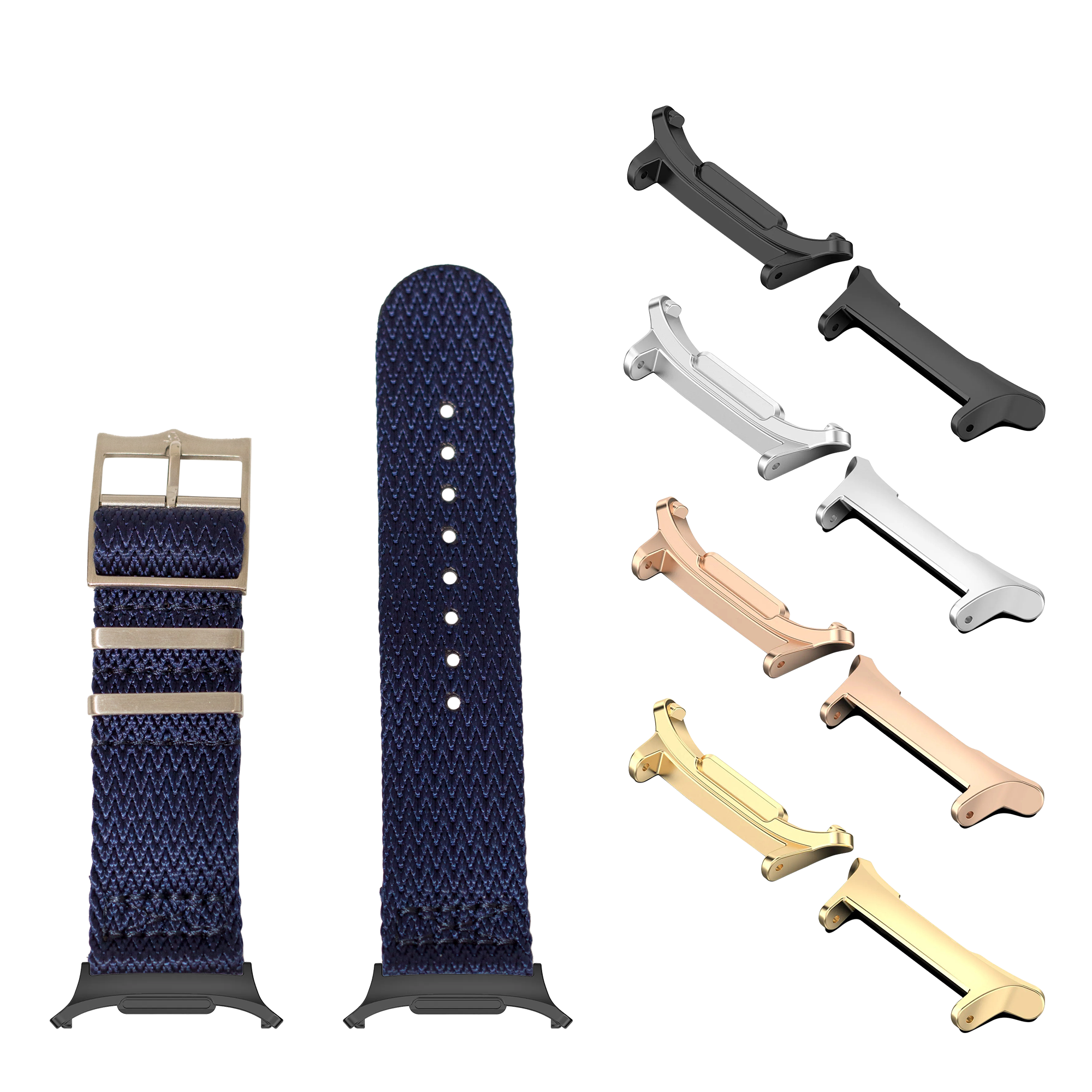 Galaxy Watch 8 Ultra navy blue Sharktooth Militex band with interchangeable metal buckles in gold, rose gold, silver and black finishes