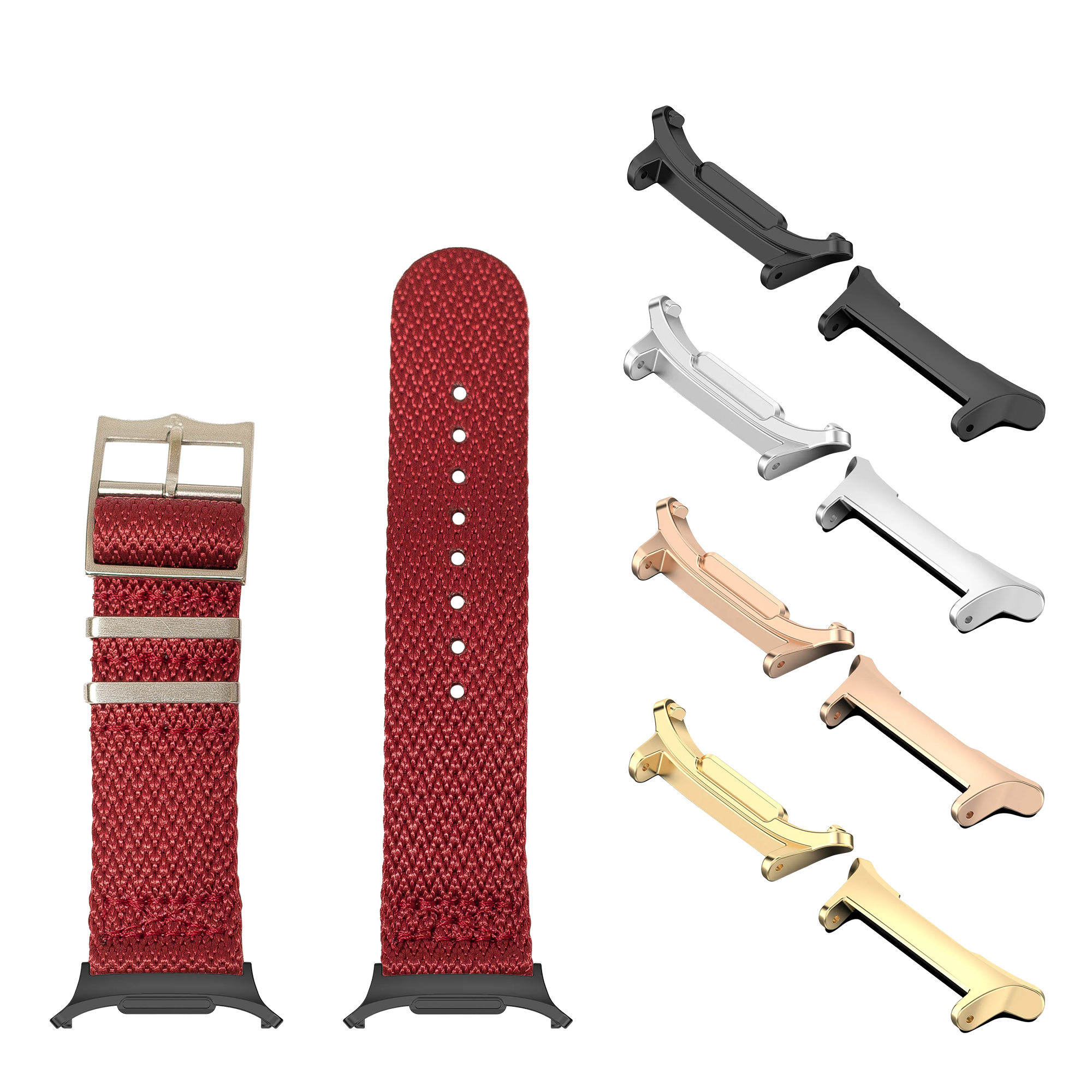 Red Sharktooth Militex fabric watch band with interchangeable metal lugs in black, silver, rose gold, and gold finishes for Galaxy Watch 8 Ultra