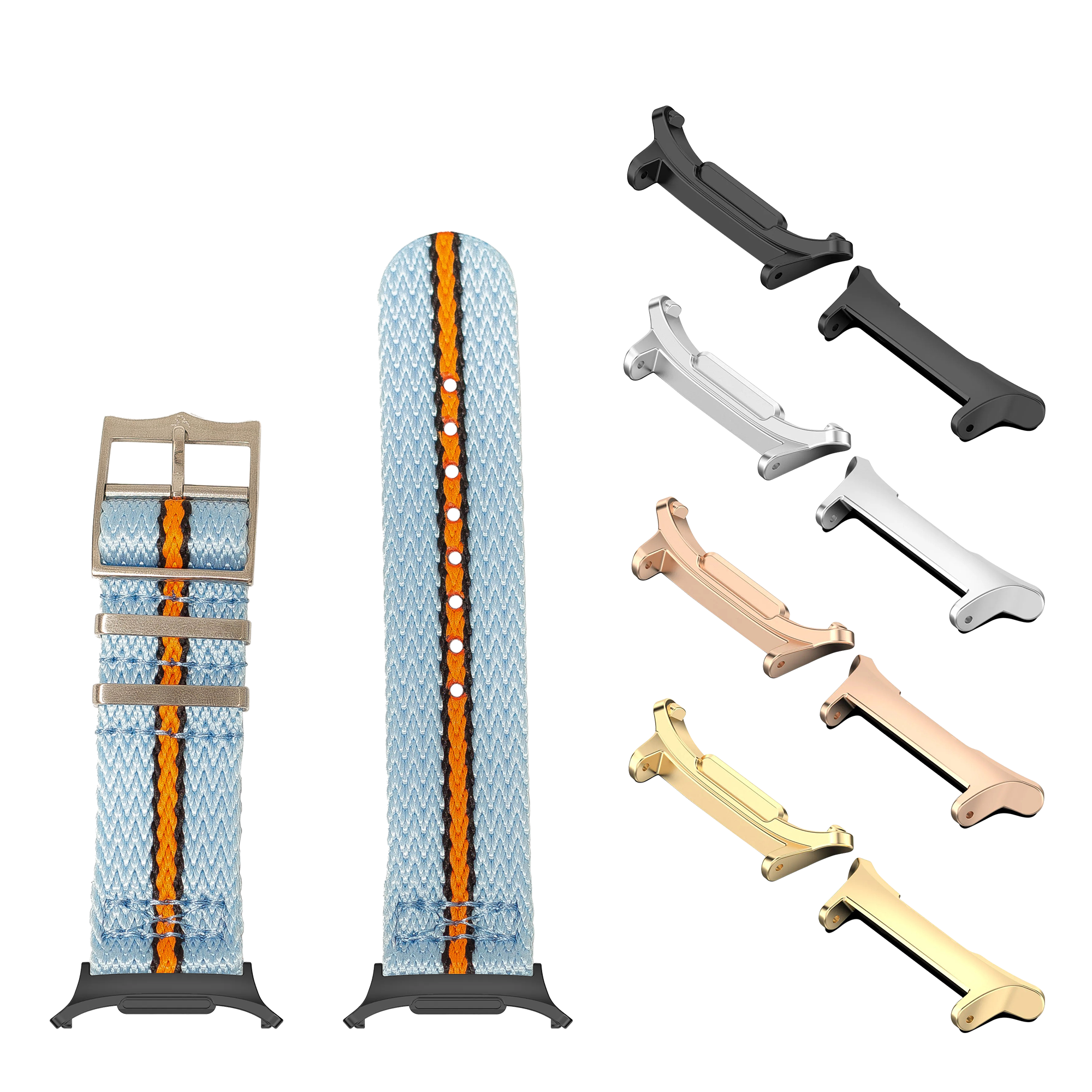 Military-style sky blue watch band with orange stripe and metal hardware displayed with multiple color finishes