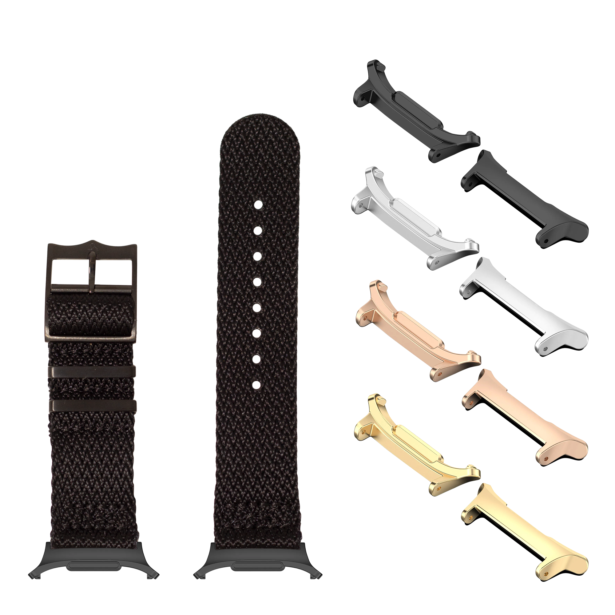 Galaxy Watch smartwatch band set with black Militex fabric straps and multiple hardware color options including black, silver, rose gold and gold finishes