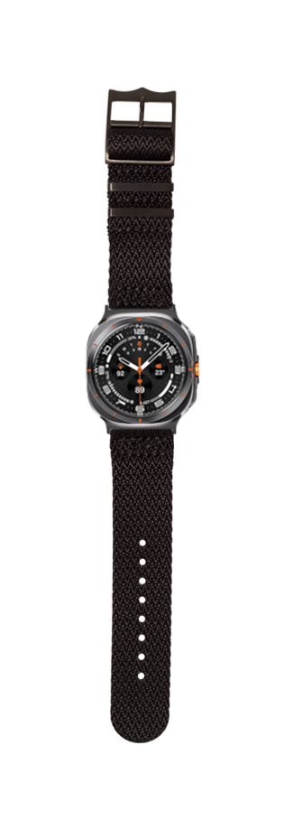 Galaxy Watch 8 Ultra Sharktooth Militex strap in stealth black with black hardware and compass dial