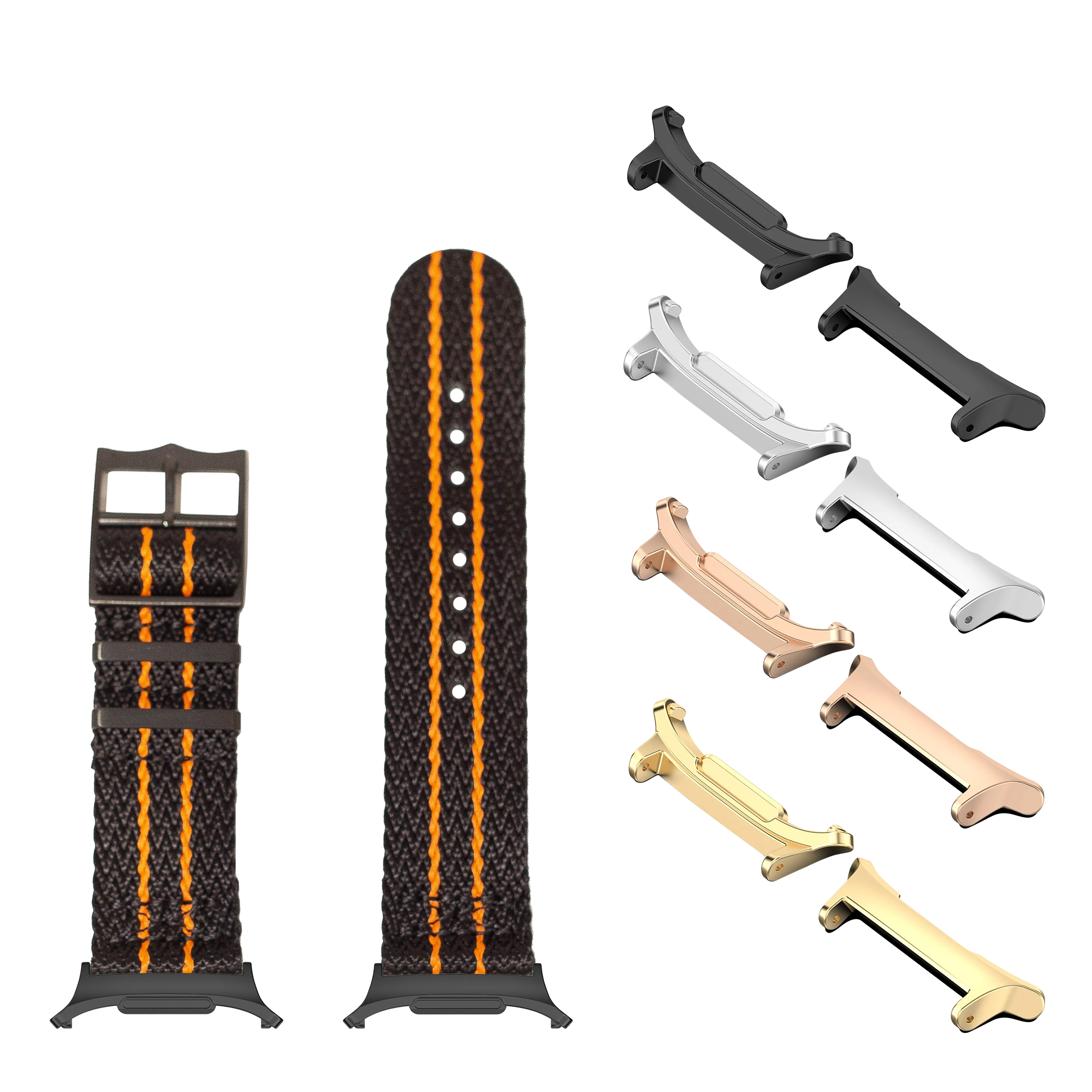 Sharktooth Militex black and orange fabric watch band with multiple metal hardware options including black, silver, rose gold, and gold finishes displayed together