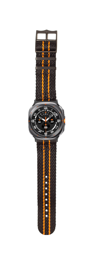 Galaxy Watch 8 Ultra Sharktooth Militex band stealth black orange stripe with black hardware smartwatch