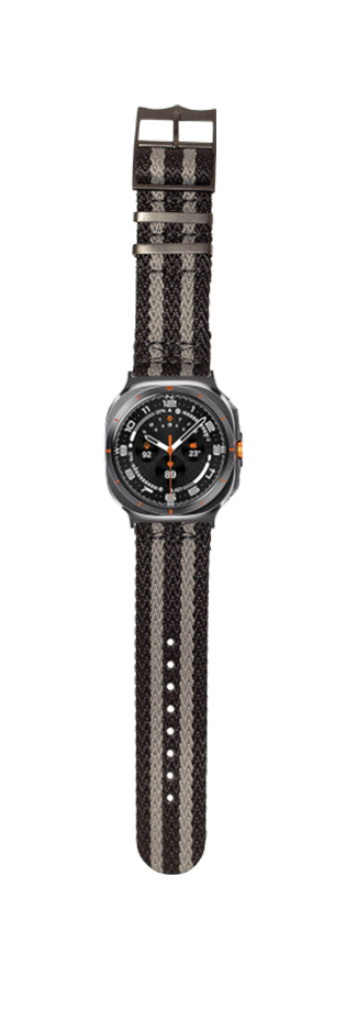 Men's smartwatch with black dial and orange accents featuring grey and black striped fabric militex strap with black hardware buckle