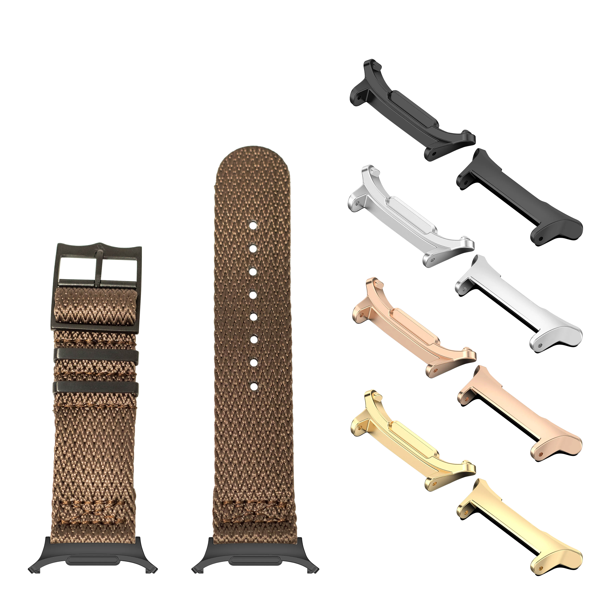 Galaxy Watch smartwatch band and hardware set in stealth brown militex with black hardware and multiple metal attachment options