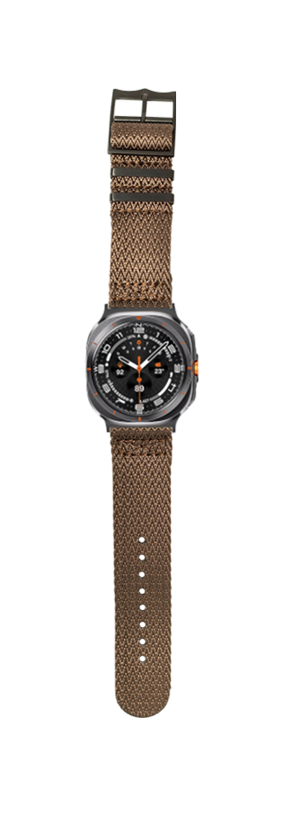 Galaxy Watch 8 Ultra smartwatch with stealth brown Sharktooth Militex fabric band and black hardware, featuring compass bezel and digital display