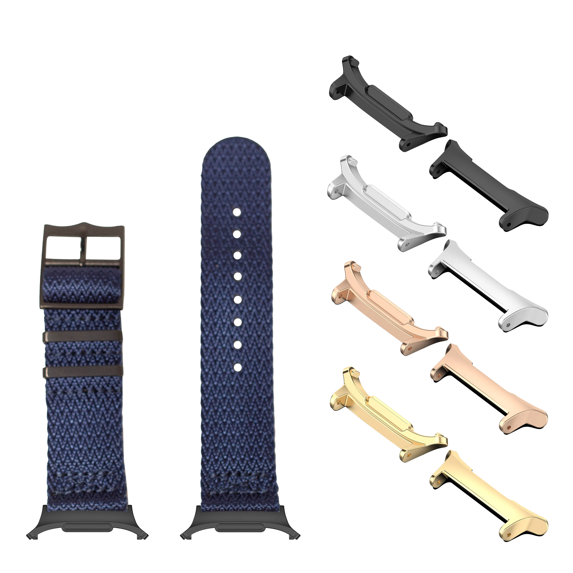 Galaxy Watch 8 and Ultra smartwatch bands in Stealth Navy Blue with interchangeable metal hardware including black, silver, rose gold, and gold options