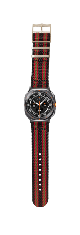 Men's smartwatch with black dial and red-green striped military fabric band