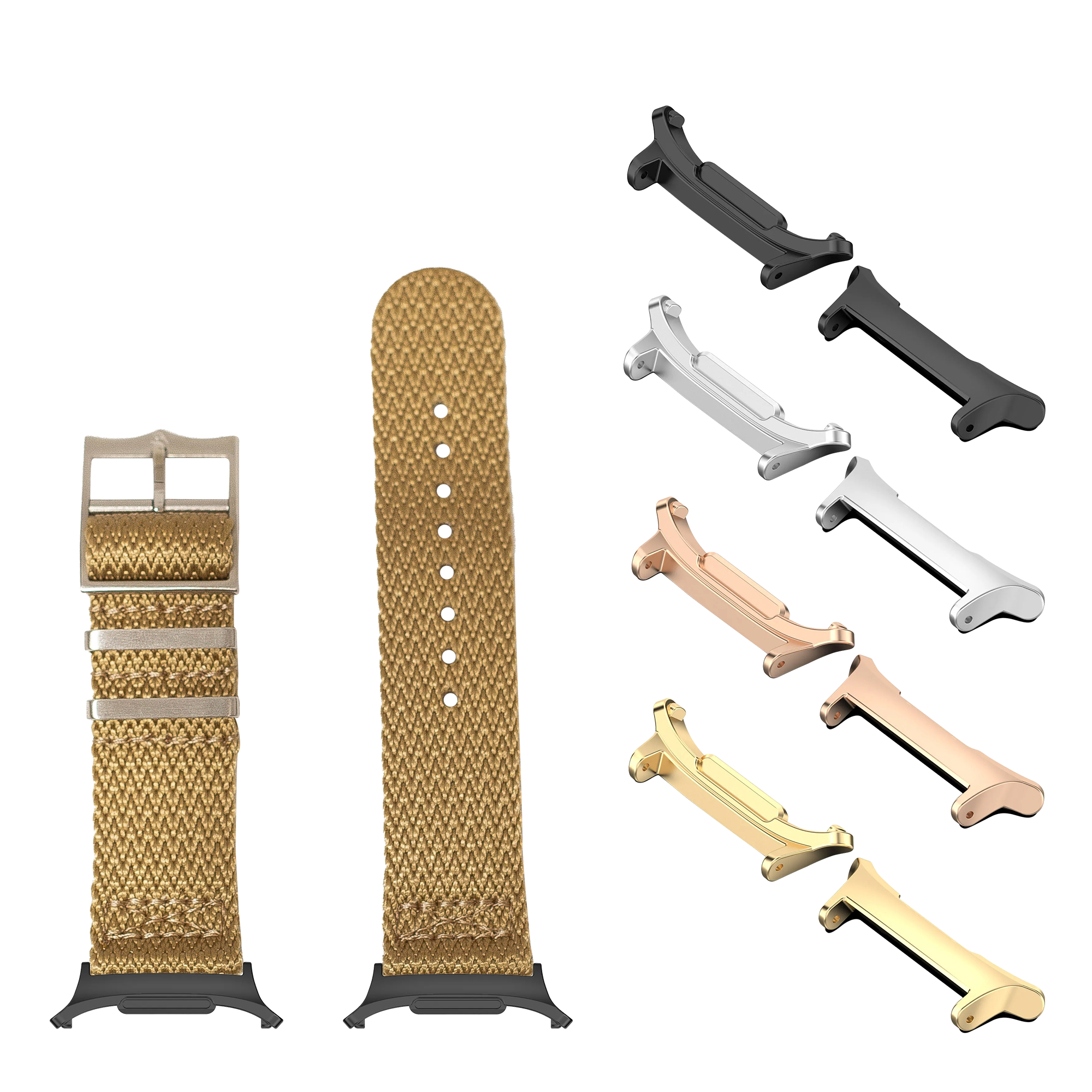 Sharktooth Militex wheat watch band with multiple metal lugs in gold, silver, rose gold and black finishes displayed with connector options