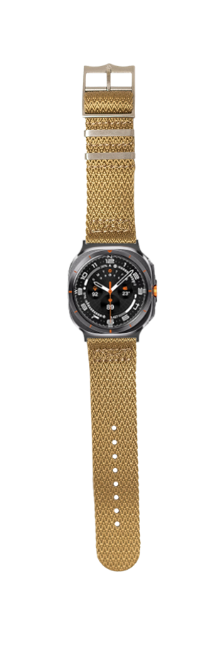 Galaxy Watch smartwatch with tan military-style sharktooth fabric band and black dial face with orange accents