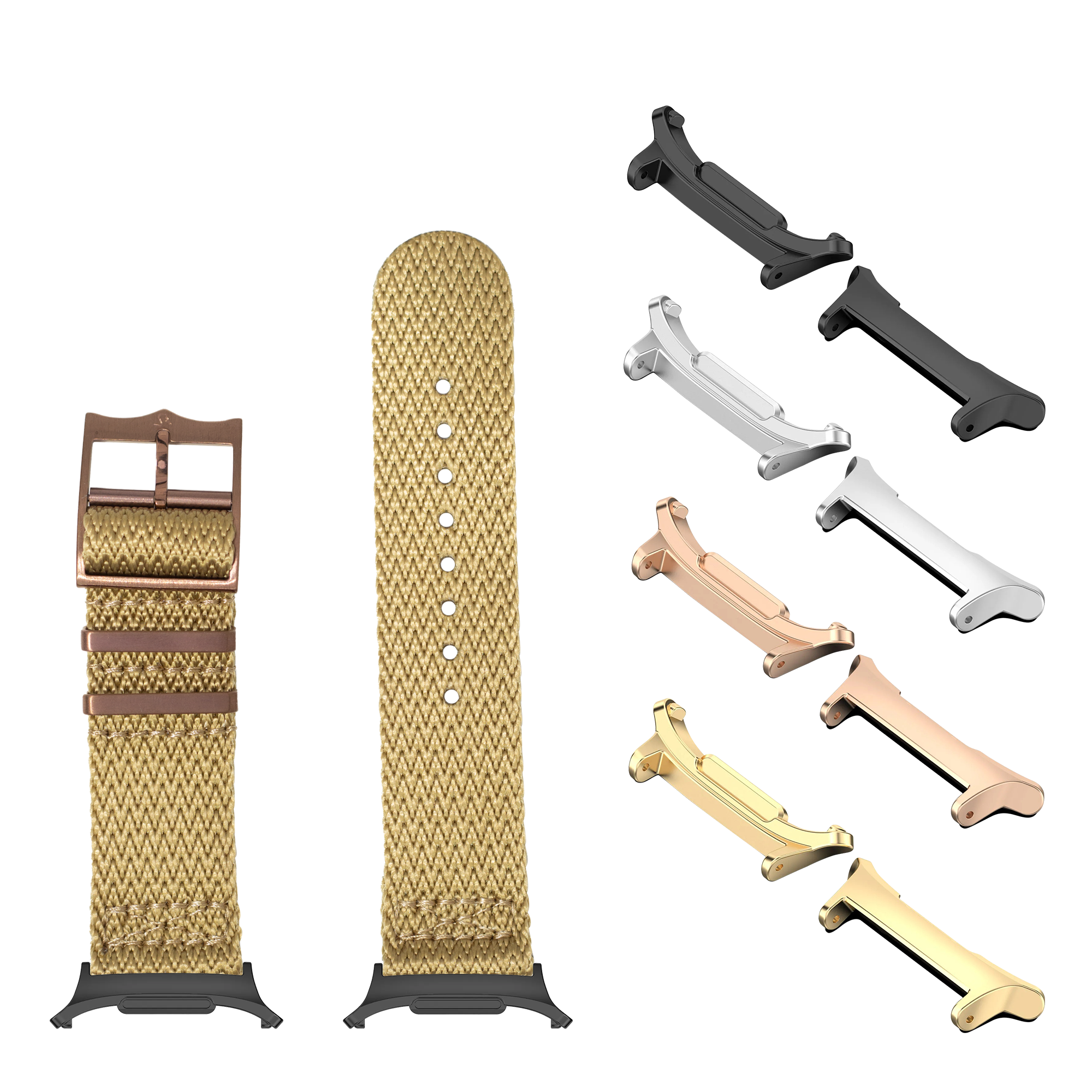 Galaxy Watch 8 Ultra Sharktooth Militex wheat fabric strap with bronze hardware, showing interchangeable buckles and lugs in multiple finishes