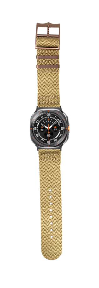 Galaxy Watch 8 Ultra smartwatch with tan Sharktooth Militex fabric band and bronze hardware on black dial face