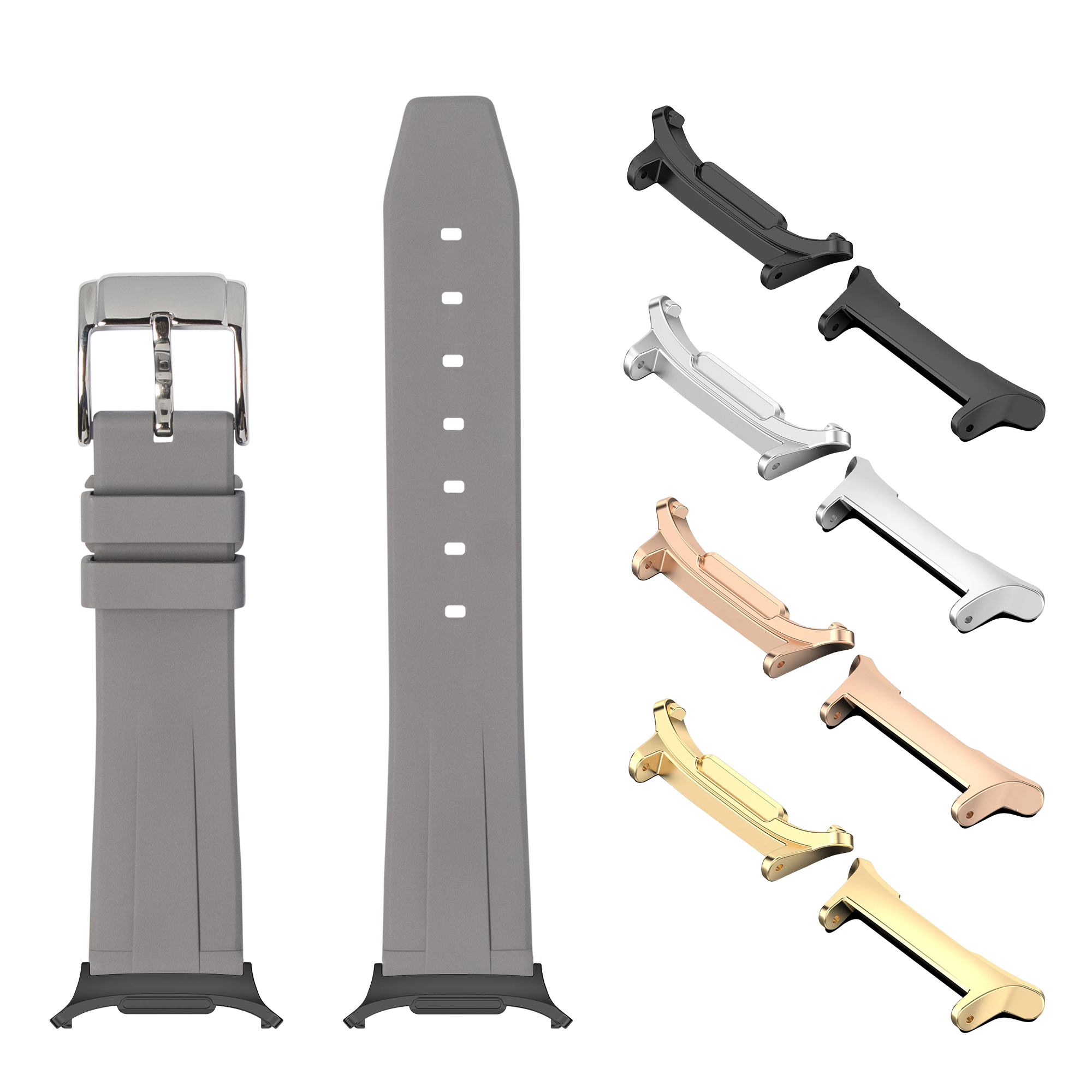 Shouldered FKM rubber watch band with interchangeable metal lugs in multiple finishes including black, silver, rose gold, and gold