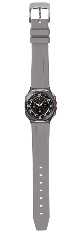 Gray FKM rubber smartwatch band with metal buckle and black sport watch face featuring orange accents