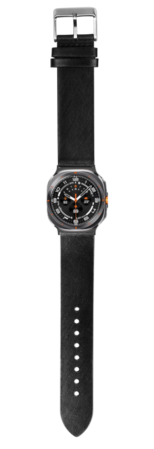 Black leather watch strap with metal buckle and orange accents on analog watch face, straight cut design