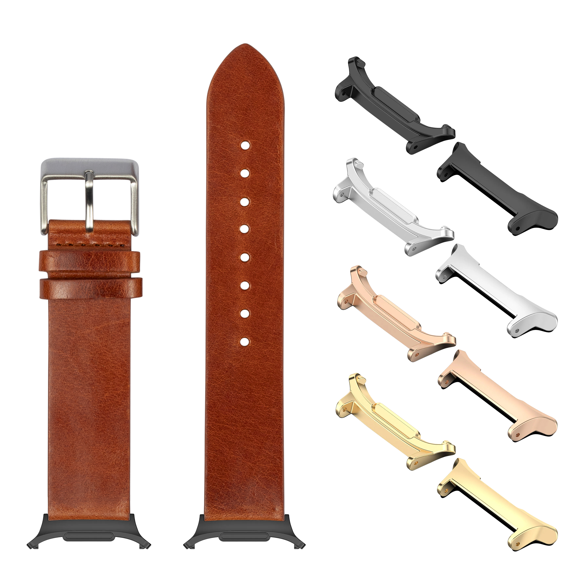 Brown leather smartwatch band with interchangeable metal lugs in silver, black, rose gold and gold finishes