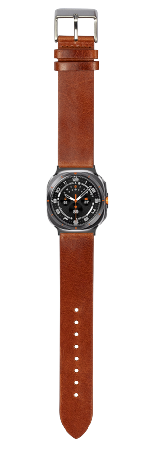 Brown leather watch strap with silver buckle for Galaxy Watch 8 Ultra, featuring straight cut design and adjustable fit