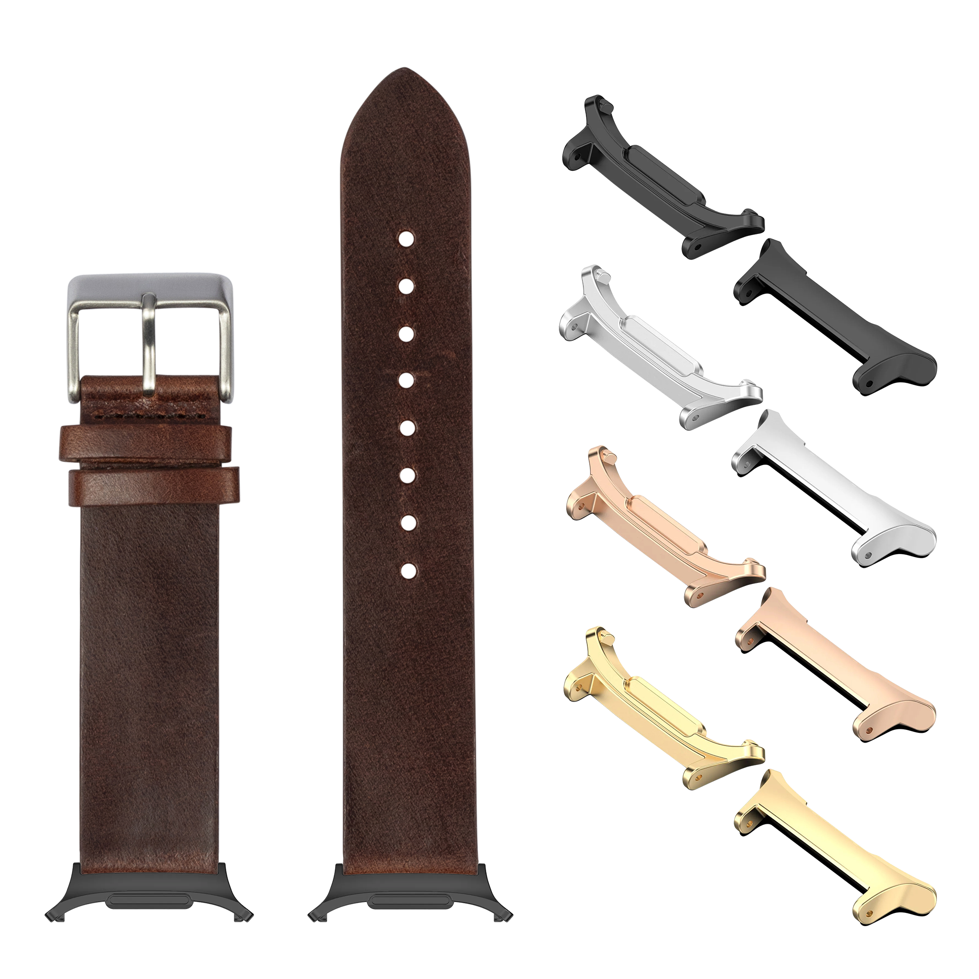 Dark brown leather watch band with interchangeable metal lugs in multiple finishes including silver, rose gold, black and gold