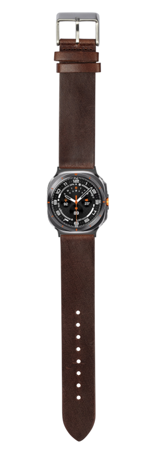 Dark brown leather watch band with straight cut design, metal buckle, and orange accents on black dial watch face