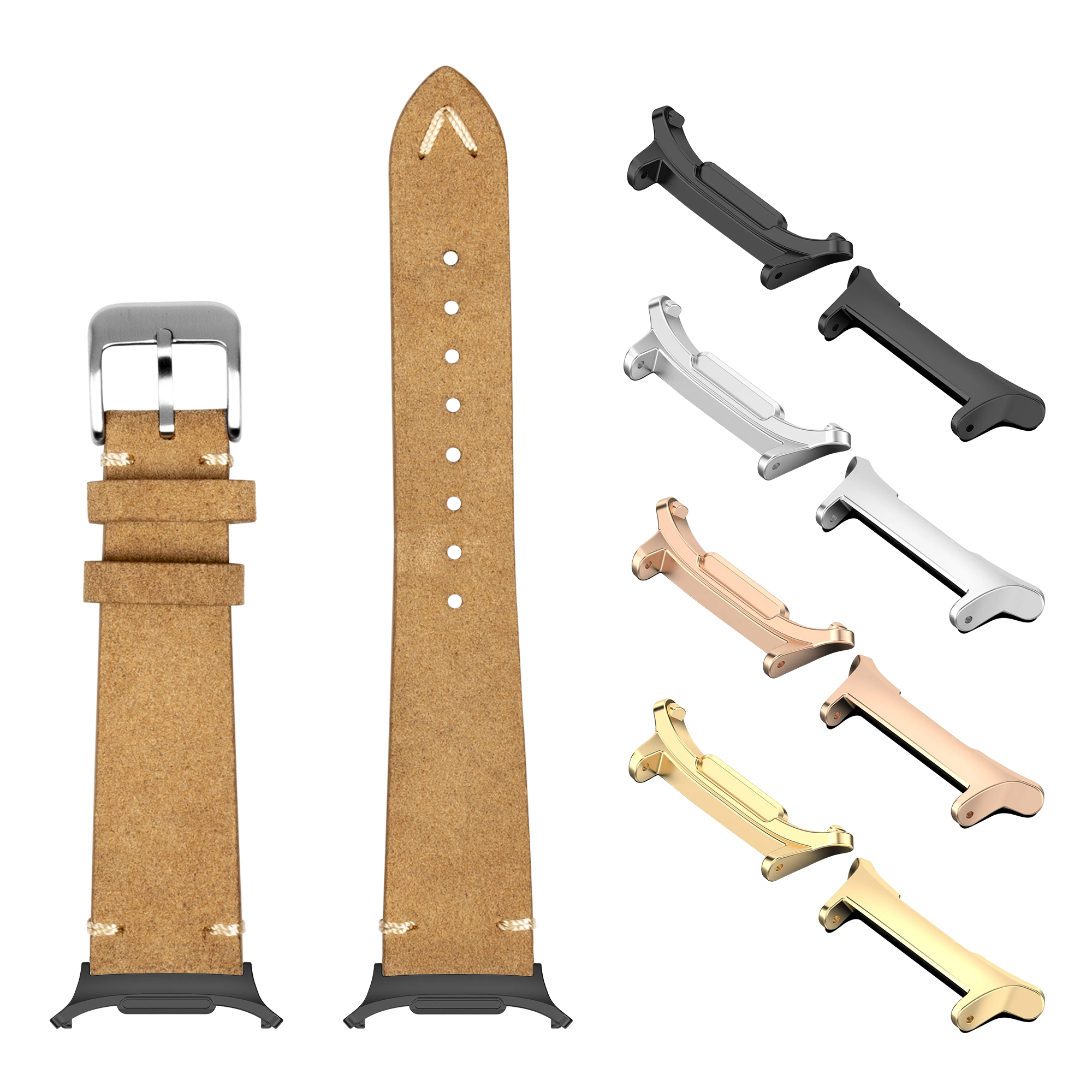 Tan suede leather watch bands with silver buckles and interchangeable metal lugs in black, silver, rose gold, and gold finishes