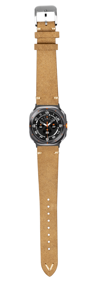Black dial watch with tan suede leather strap and silver buckle on white background