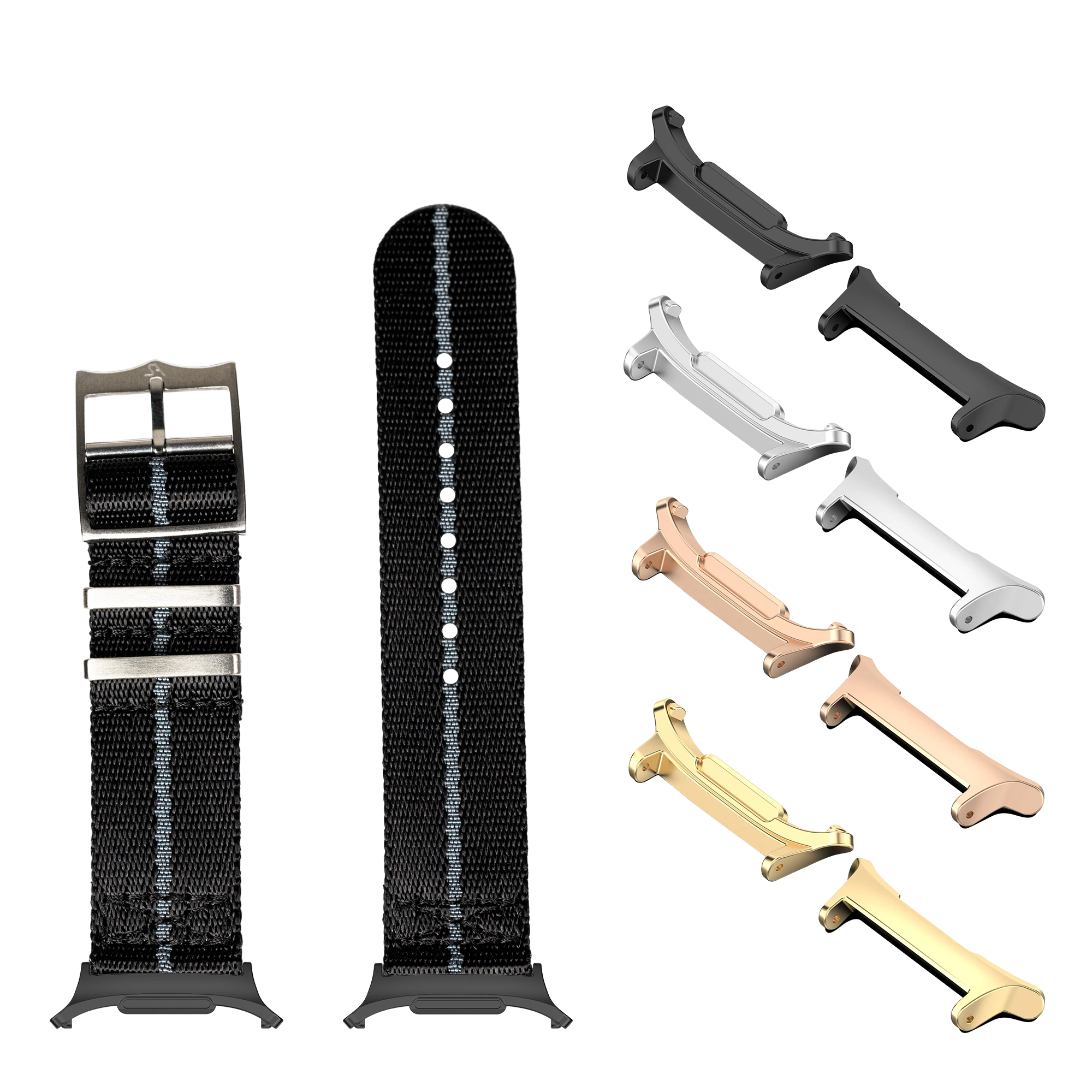 Watch bands with metal buckles and interchangeable straps in black, white, gold, rose gold and gunmetal finishes for Galaxy Watch 8 Ultra
