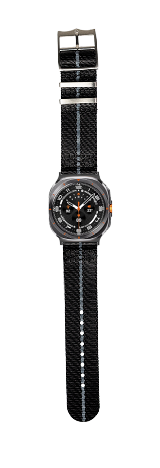 Military-style smartwatch with black fabric strap, grey striping, metal bezel, and orange accents on black dial