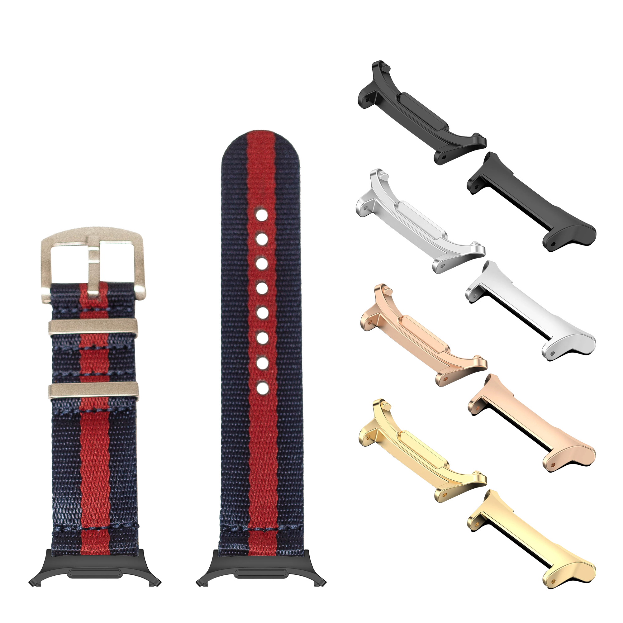 Navy and red striped smartwatch band with interchangeable metal lugs in gold, silver, rose gold and black finishes