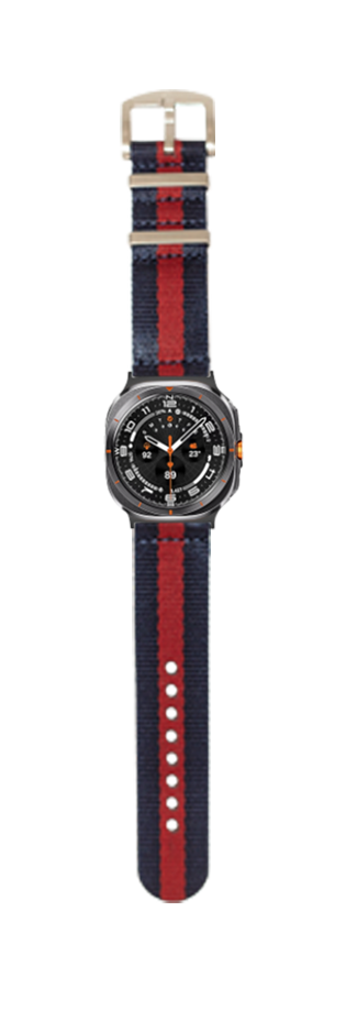 Galaxy Watch 8 Ultra Supreme Militex smartwatch with navy blue and red striped fabric band and black dial face