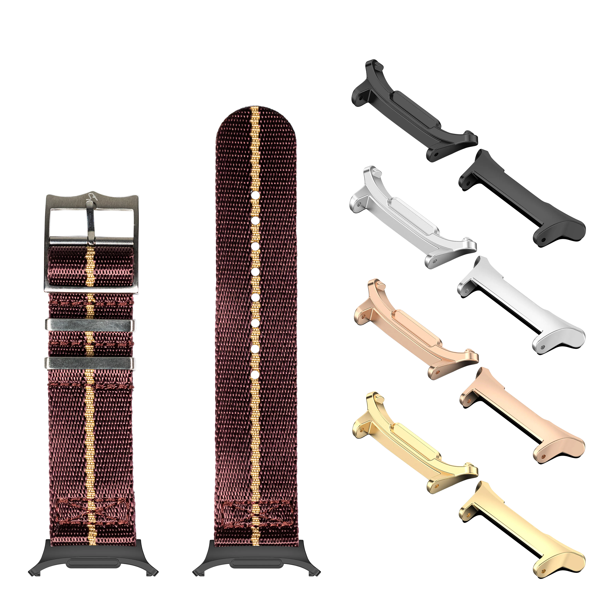Burgundy red and gold Militex watch band with interchangeable metal buckles in black, silver, rose gold, and gold finishes