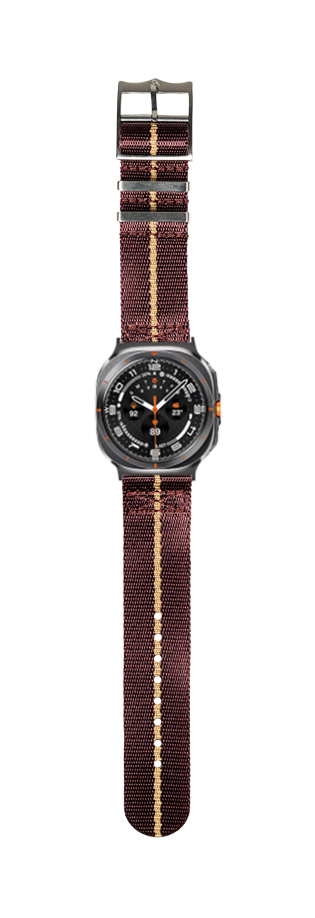 Military style analog watch with burgundy and wheat striped fabric band and dark gunmetal case