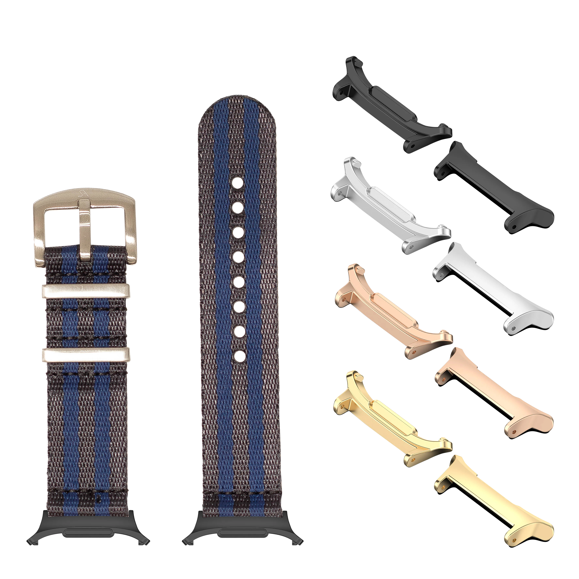Blue and gray woven watch band with multiple metal buckle and connector options in black, silver, rose gold, and gold finishes