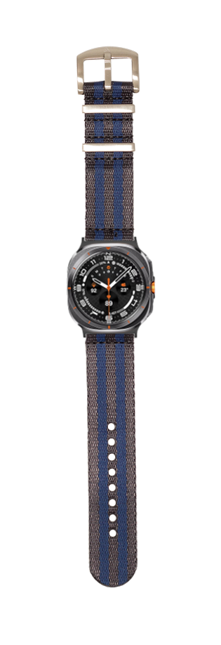 Men's Galaxy Watch with dark blue military-style canvas strap and gunmetal case, analog dial with orange accents