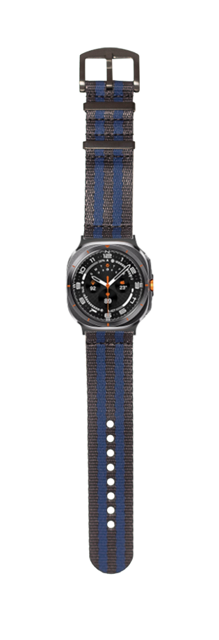 Black dial sport watch with blue and gray striped fabric band and dark hardware, military-style design