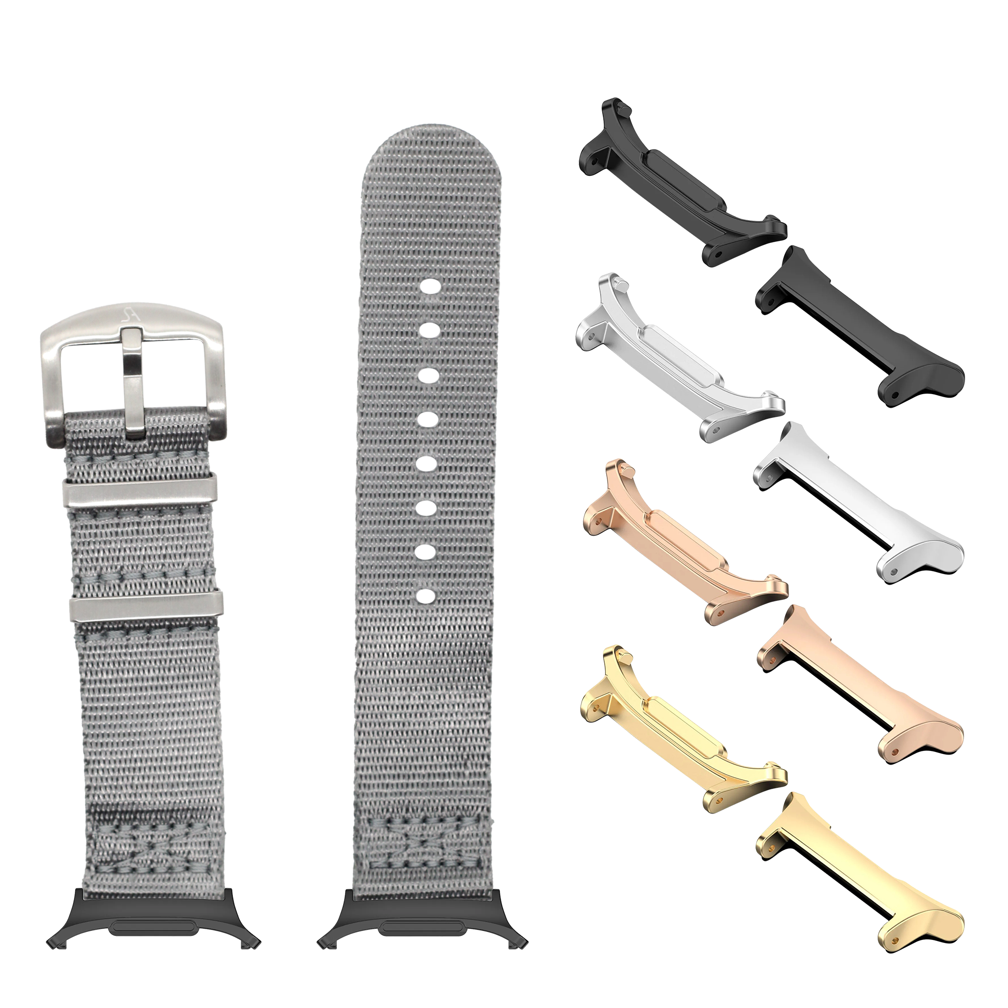 Smartwatch bands and lugs set showing grey fabric strap with silver buckle, matching protective case lugs in black, silver, rose gold and champagne finishes