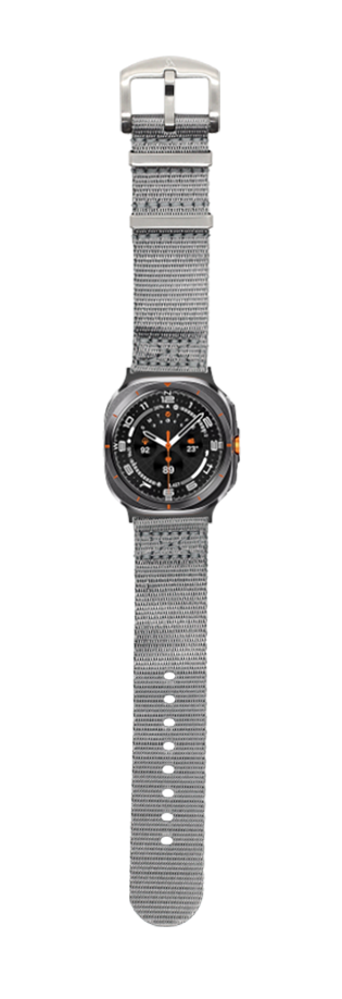 Military-style smartwatch with gray fabric strap, black dial and orange accents on wrist
