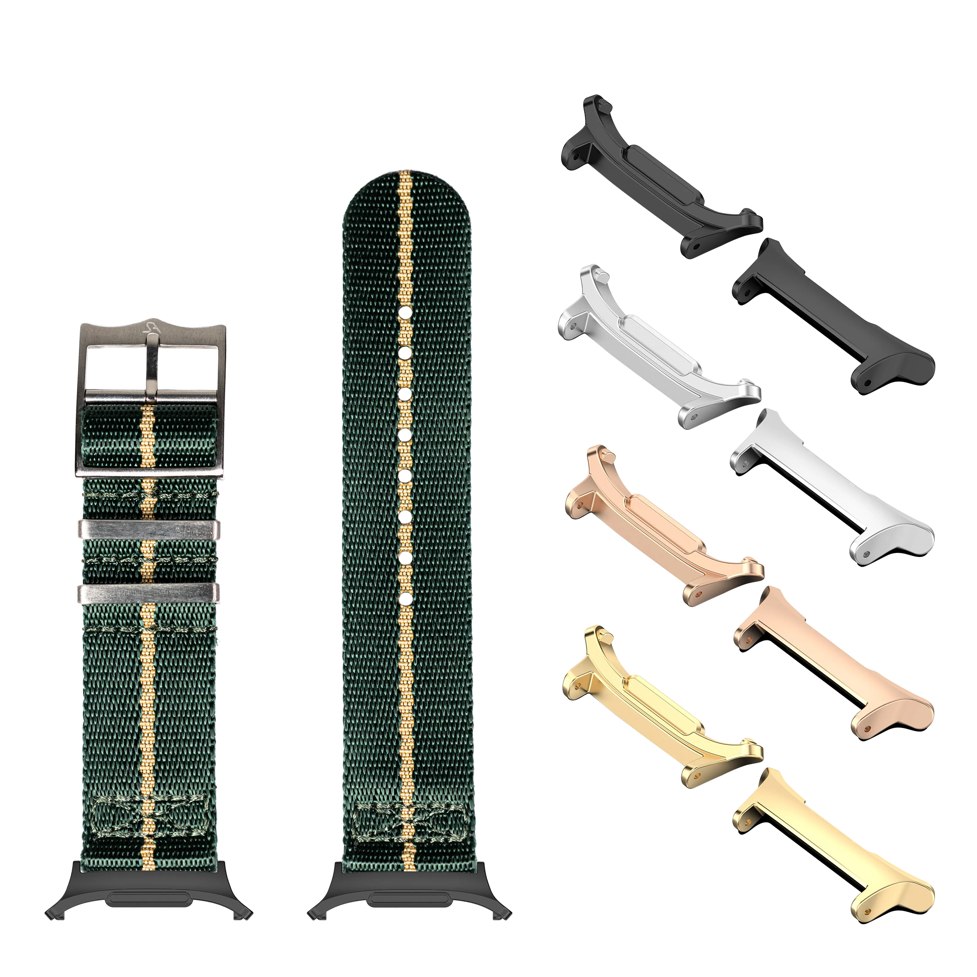 Green and tan woven fabric watch bands with gold stripe and interchangeable metal hardware in black, silver, rose gold, and gold finishes