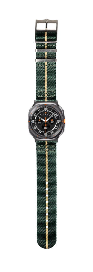 Black dial sports watch with green and wheat striped fabric band and gunmetal case